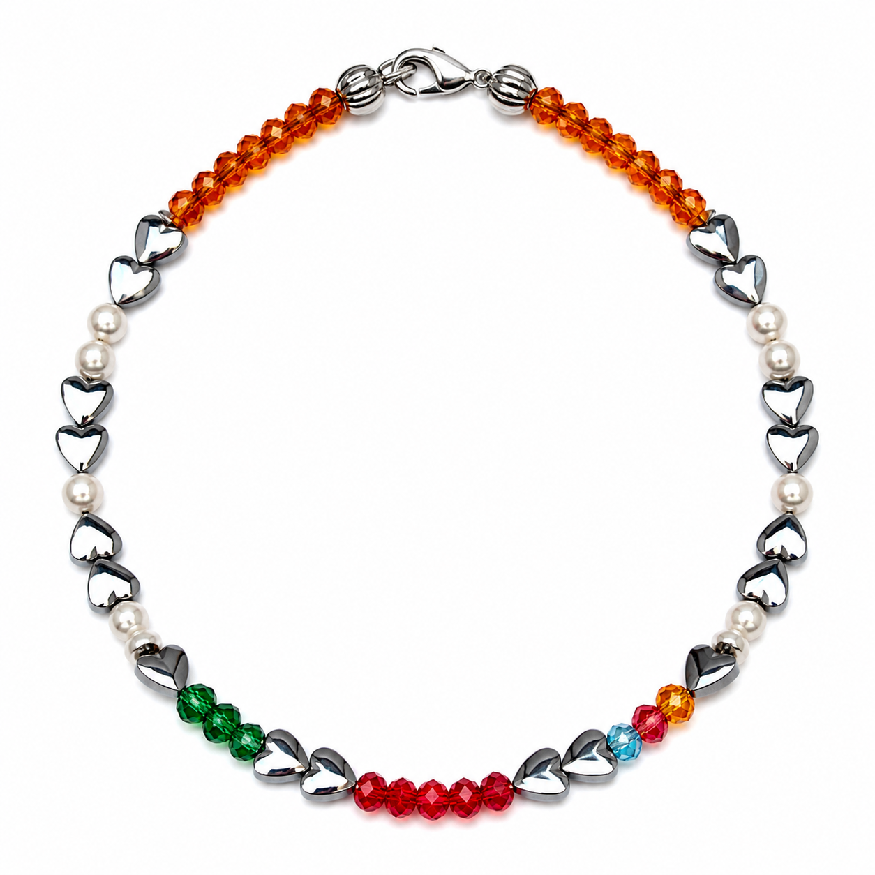 Collar hematite corazon con bolas colores y perlas