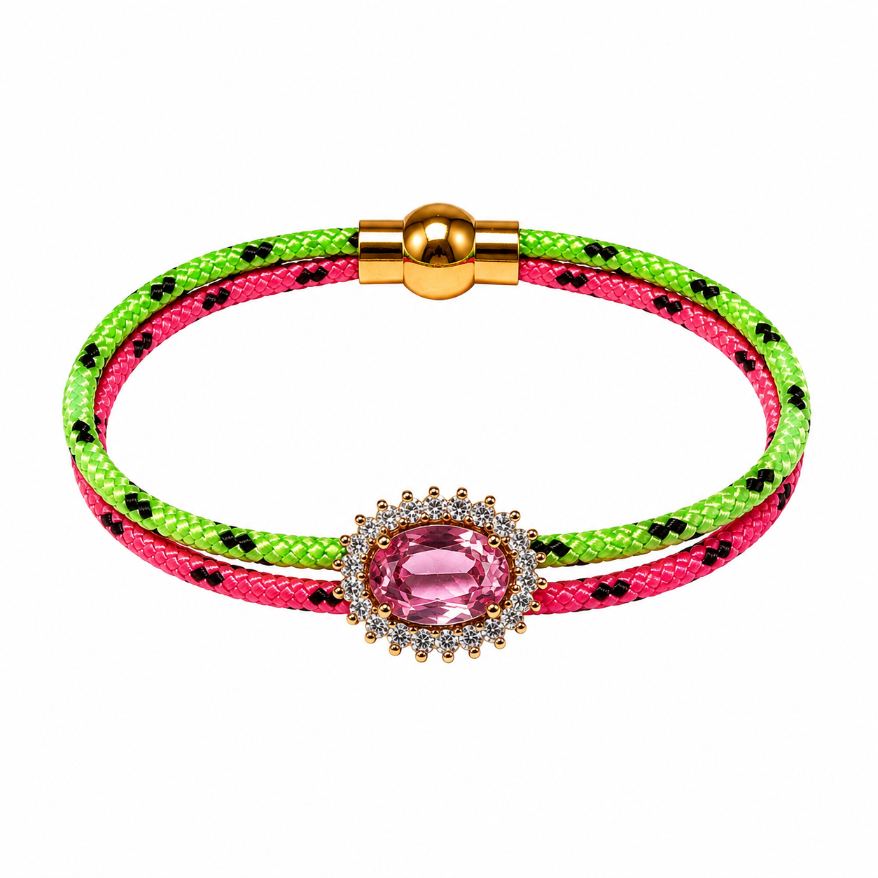 Pulsera cordino combinada verde fluor/rosa Swaroski rosa  Talla S