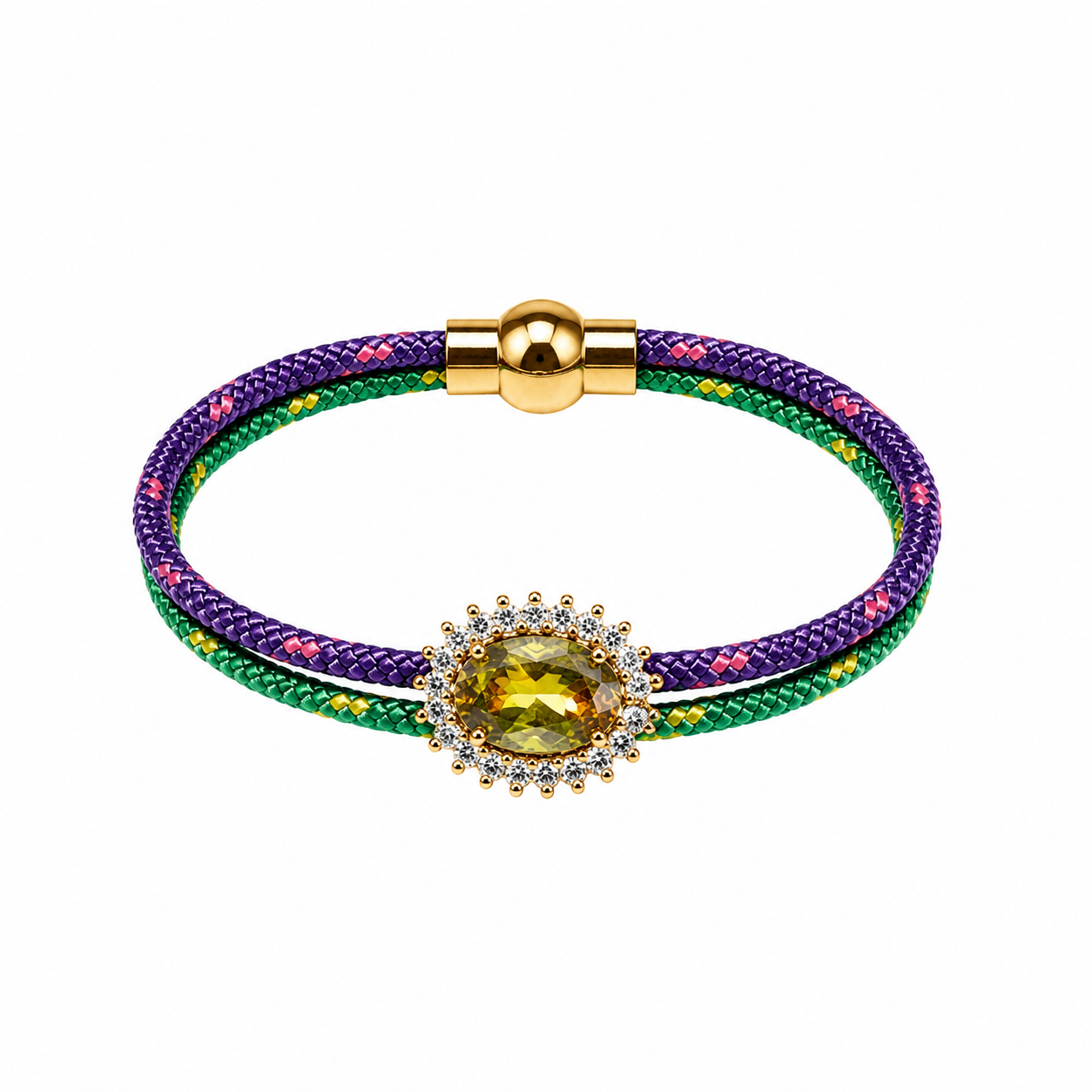 Pulsera cordino combiando verde/morad0 Swaroski amarillo