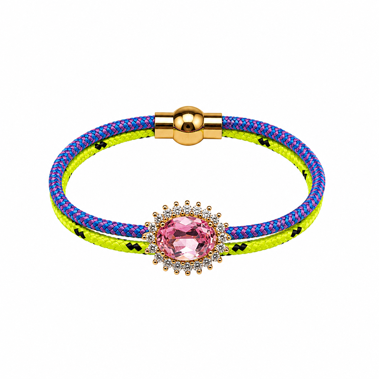 Pulsera cordino combinada morado/amarillo fluor  Swaroski rosa
